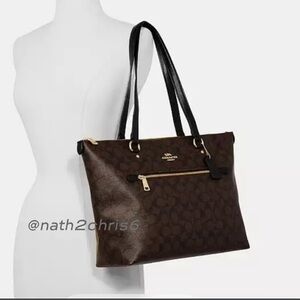 Coach Gallery Tote bag in signature brown and black canvas.